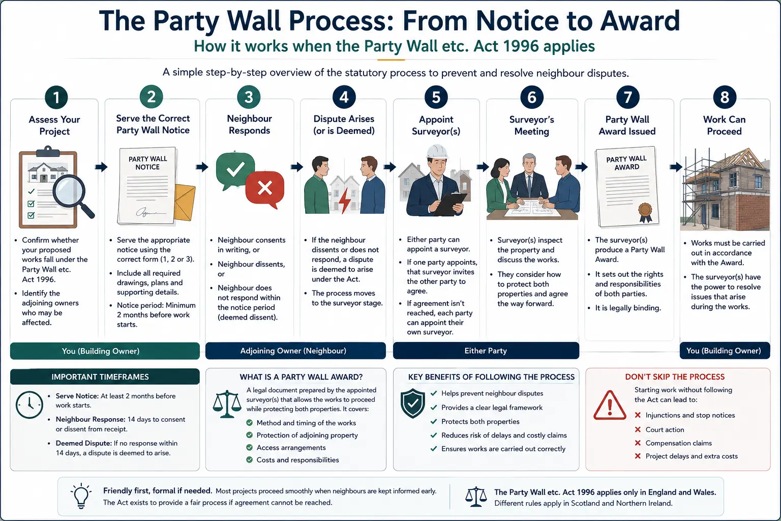 Do I Need a Party Wall Agreement? An infographic showing the party wall process from notice to award in a very interactive way for the citizens living in Exeter, UK
