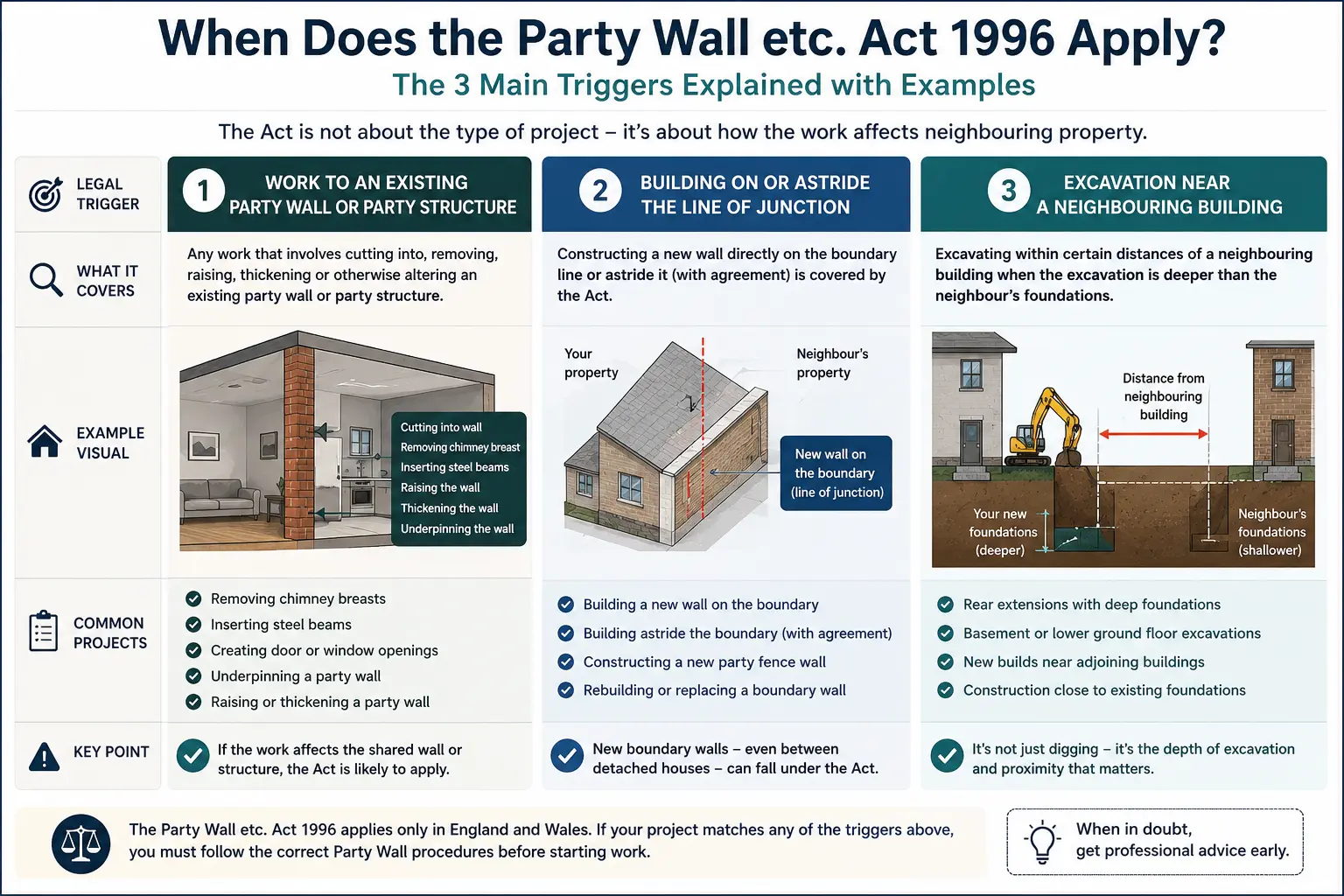 Do I Need a Party Wall Agreement? An infographic showing when does the party wall etc act 1996 apply like excavation, junction, painting, in Exeter, UK
